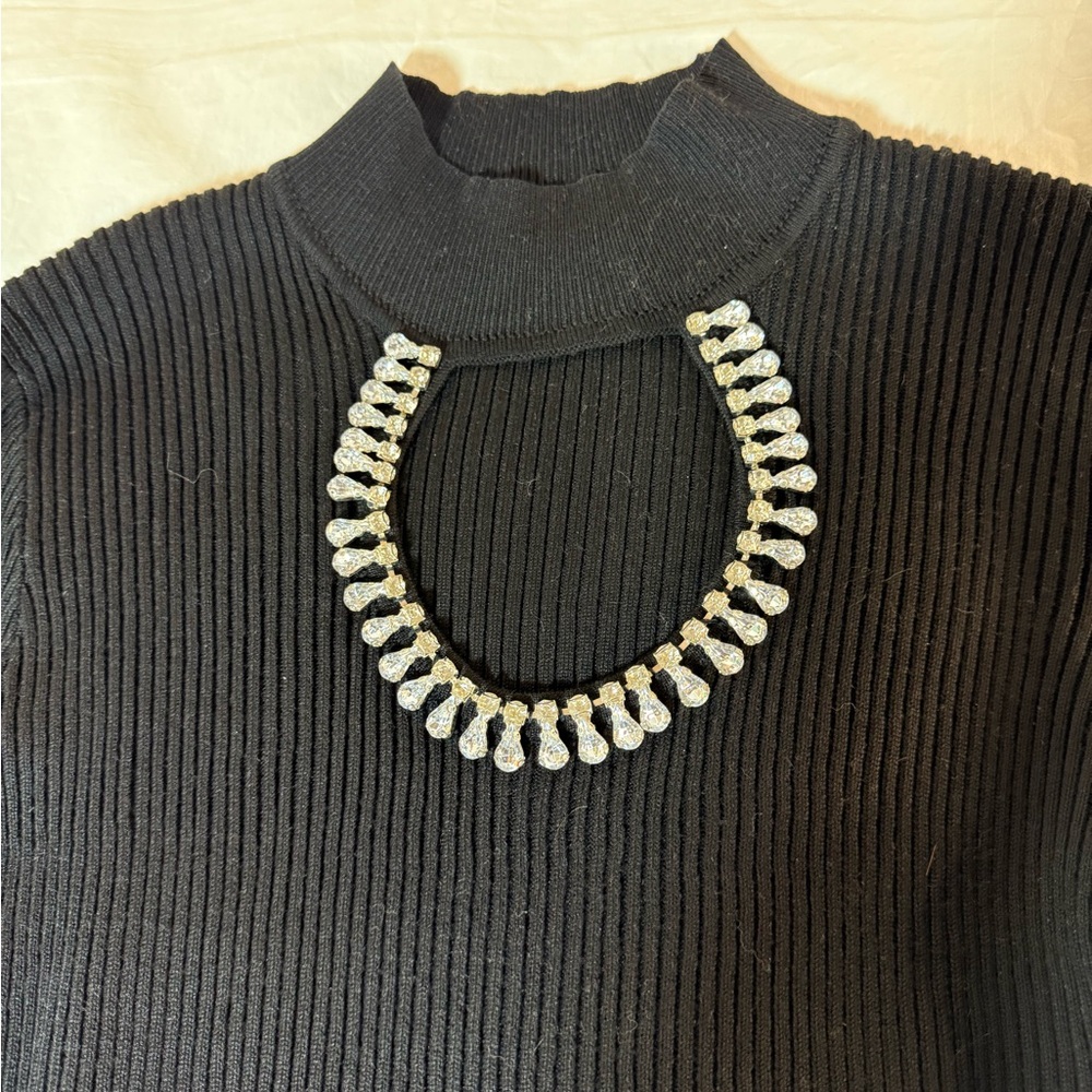 Black Ribbed Long Sweater with Rhinestone Embellishment - Picture 6 of 10